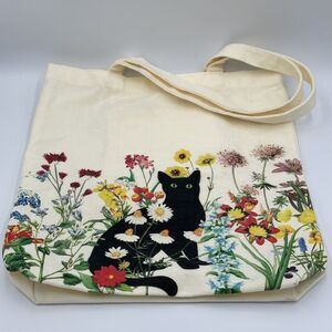 Black Cat Canvas Tote Bag with Zipper Pocket Vintage Flowers Cute Tote Bag